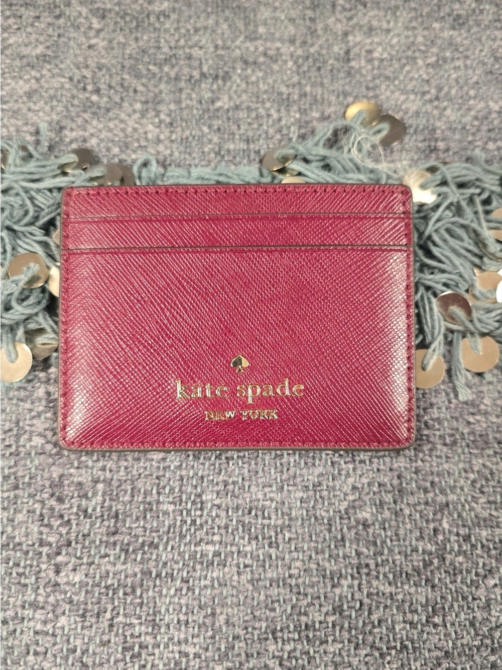 kate spade New York Wine Leather Card Holder with Gold Logo